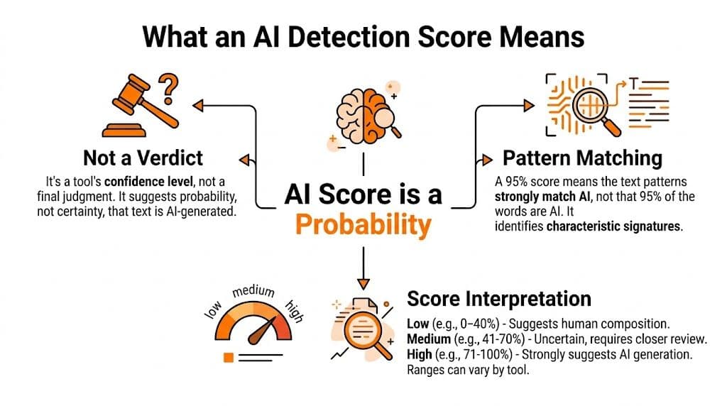 An infographic explaining that an AI detection score represents probability, pattern matching, and not a final verdict.