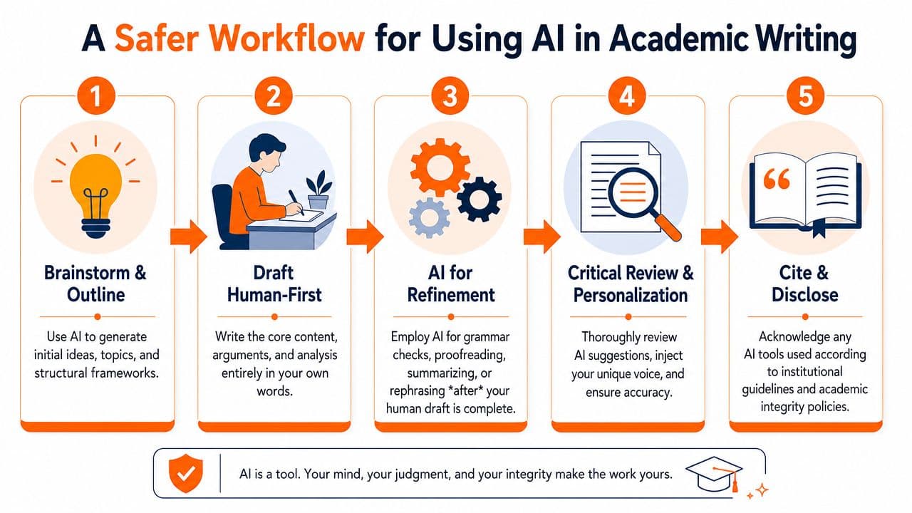 A five-step flowchart illustrating a responsible and safe workflow for utilizing AI in academic writing processes.