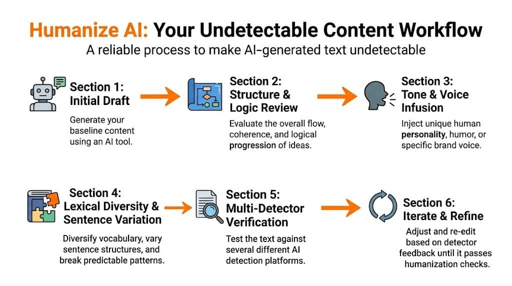 A workflow chart illustrating six steps to humanize AI content and make it undetectable for detectors.