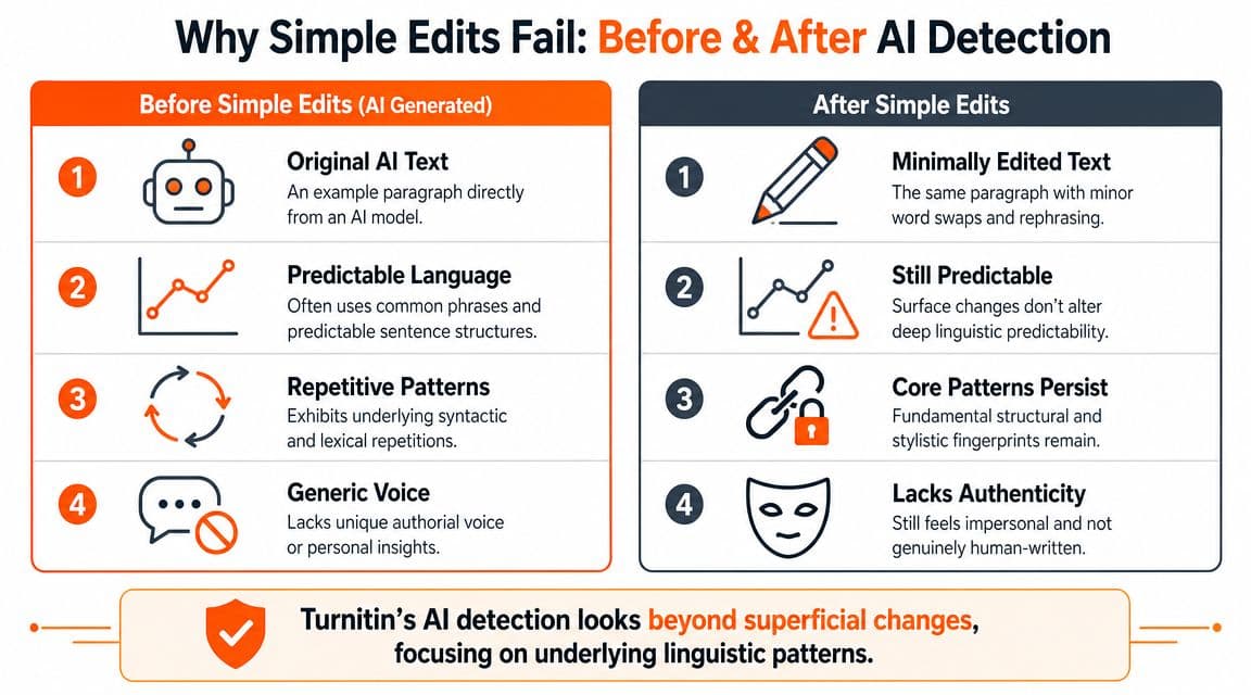 A comparison chart explaining why simple edits fail to bypass AI detection by Turnitin.