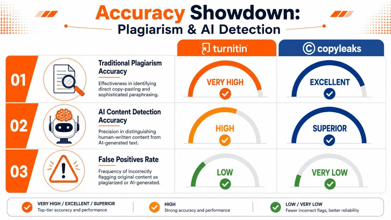 A comparison chart showing Turnitin and Copyleaks performance in plagiarism detection, AI detection, and false positives rate.