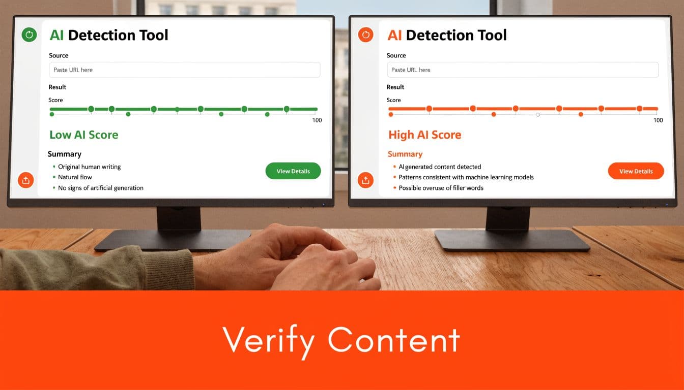 A split screen view of two computer monitors showing AI detection software results with human and AI scores.