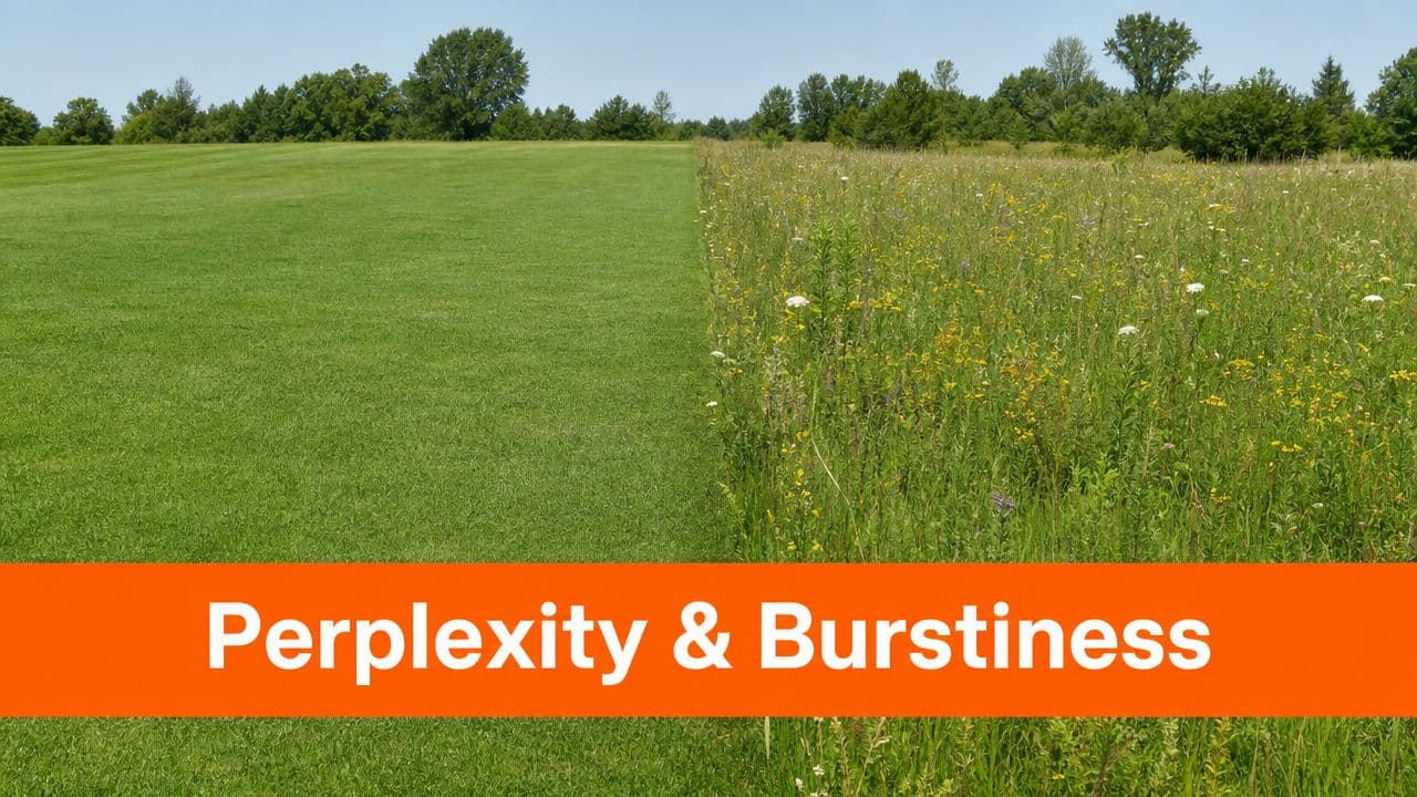A landscape split between a manicured green lawn and a wild natural meadow under a clear sky.