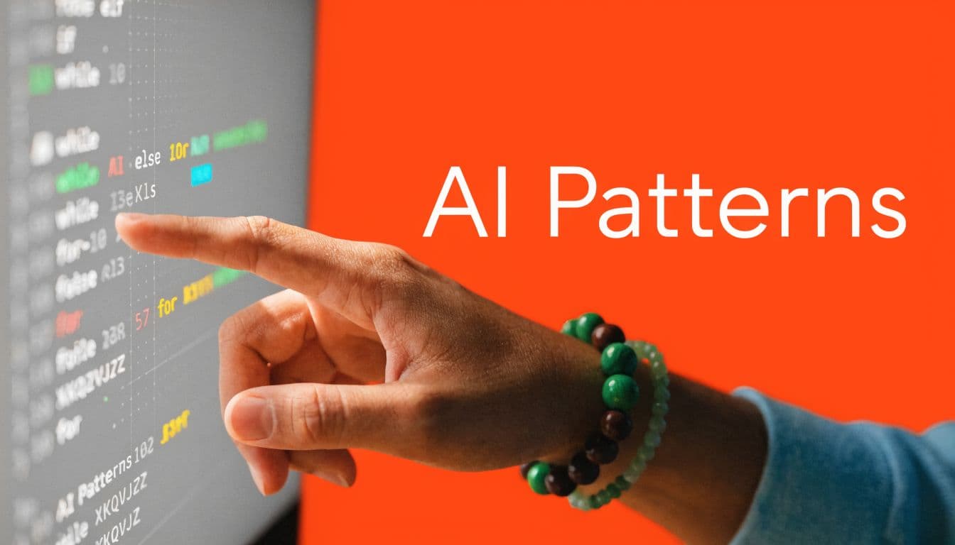 A person pointing at computer code displayed on a screen with the text AI Patterns overlayed.