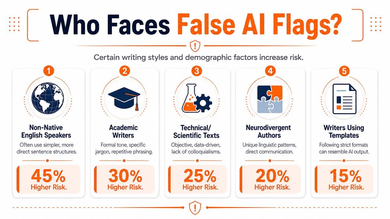 An infographic showing five groups of writers who face a higher risk of false AI detection.