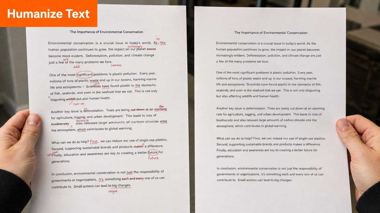 A person holds two sheets of paper comparing an edited draft and a final version of an essay.