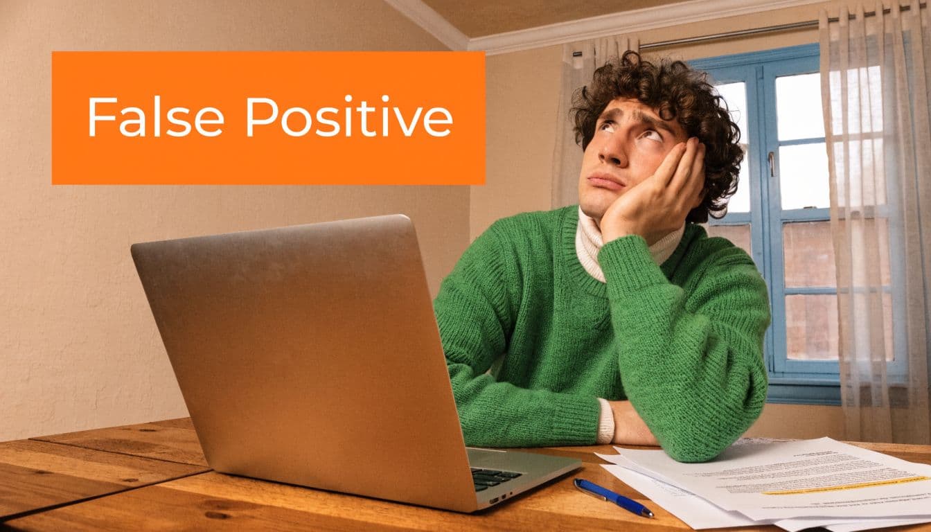 A confused young man wearing a green sweater looking at a laptop computer with the text False Positive.