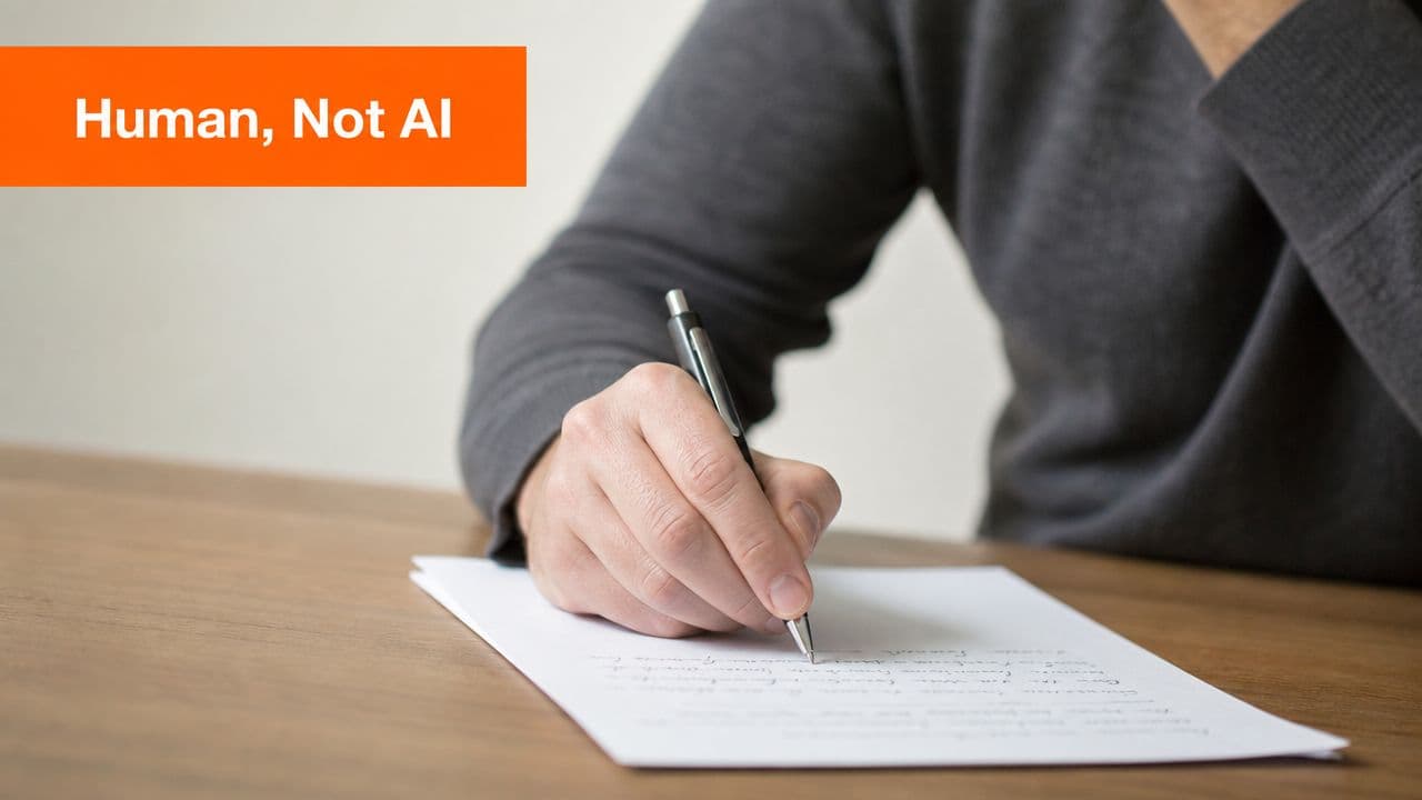 A person writing with a pen on a piece of white paper at a wooden desk.