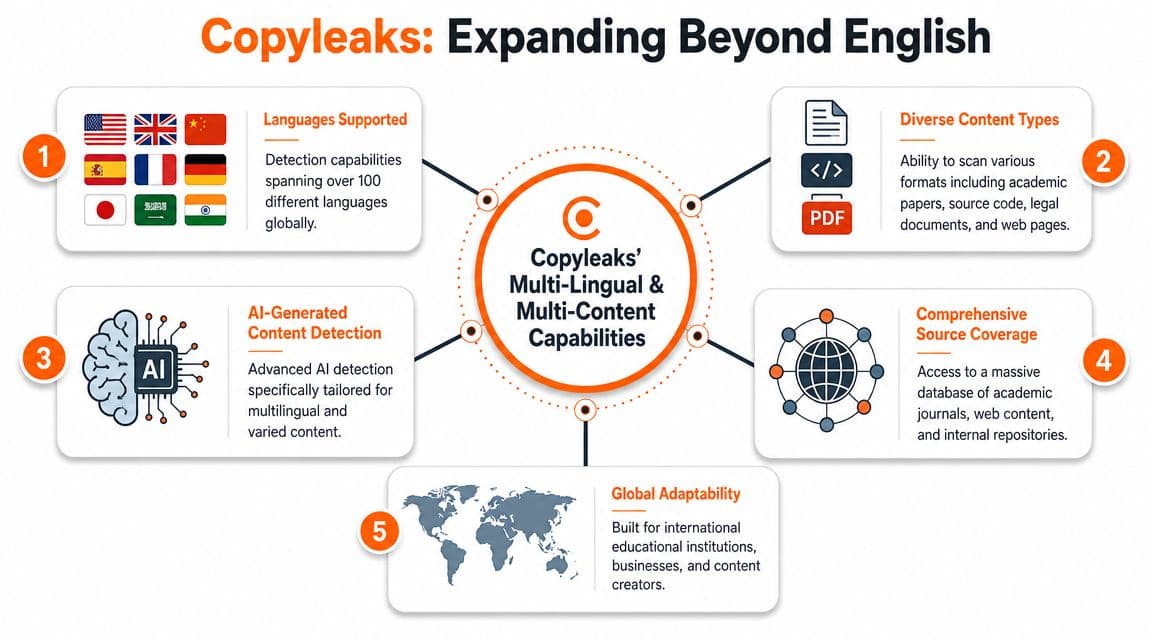 An infographic showing Copyleaks' multi-lingual content detection, diverse file format scanning, and advanced AI-driven analysis capabilities.