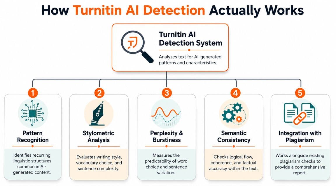 A diagram illustrating the five key methods Turnitin uses to detect AI-generated writing in academic submissions.
