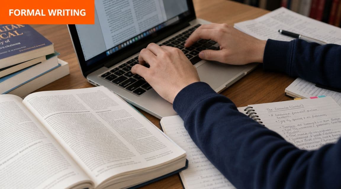 A student working on a laptop at a desk filled with open books and handwritten notes.