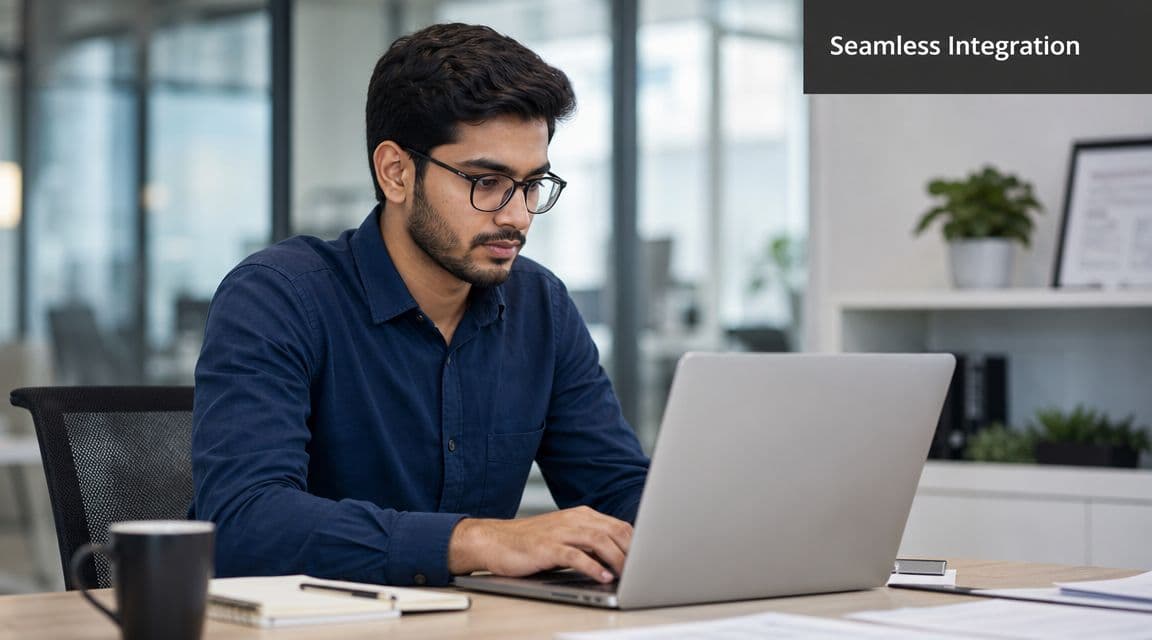 A professional man with glasses working on a silver laptop at an office desk with coffee.