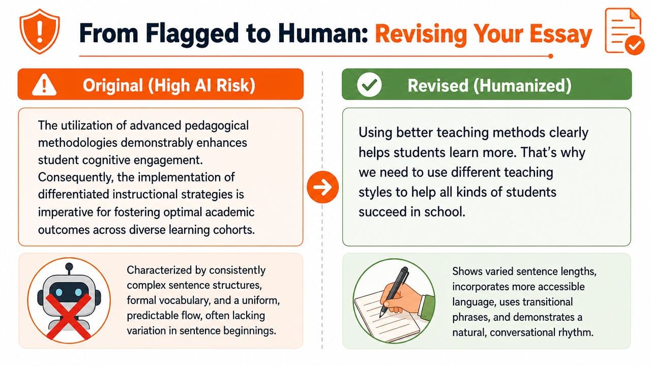 A comparison chart showing how to revise an academic essay to avoid AI detection, illustrating humanizing techniques.