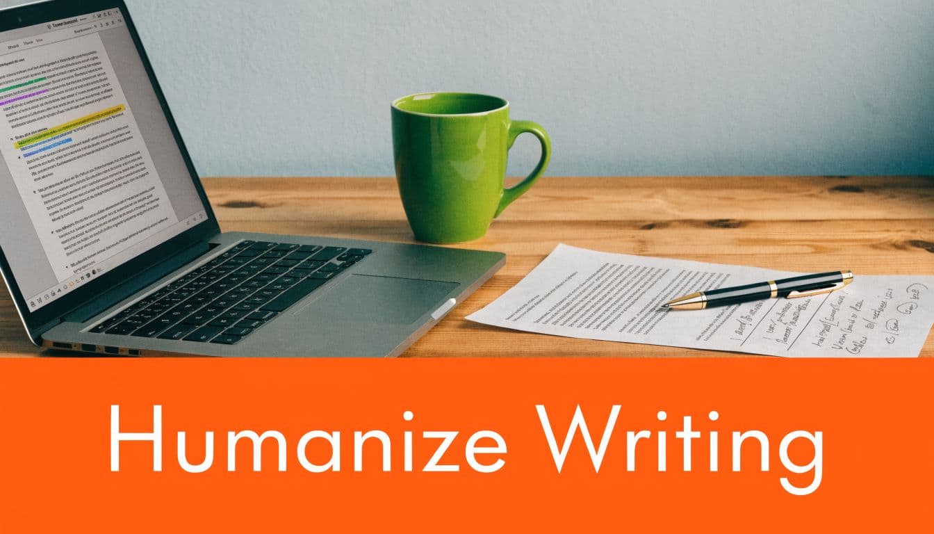 A laptop showing an edited document and a green mug on a desk with a handwritten page.