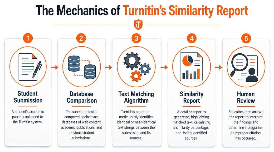 A five-step infographic showing the mechanics of Turnitin's similarity report process from submission to human review.