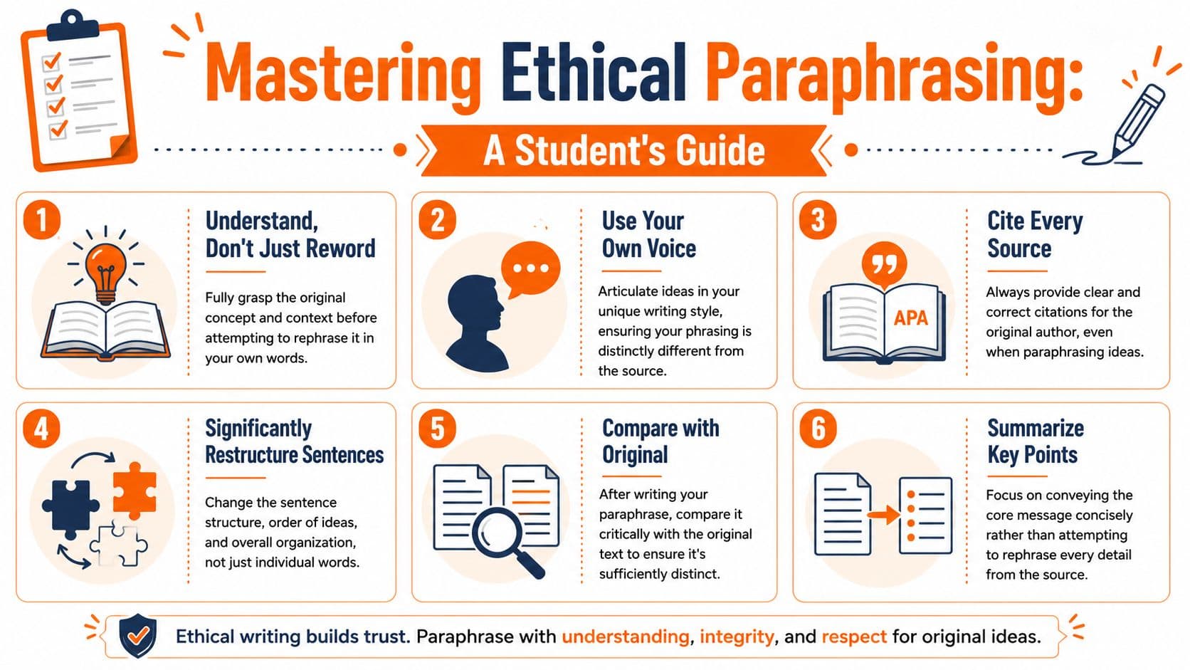 An infographic titled Mastering Ethical Paraphrasing providing six clear steps for students to paraphrase content ethically.
