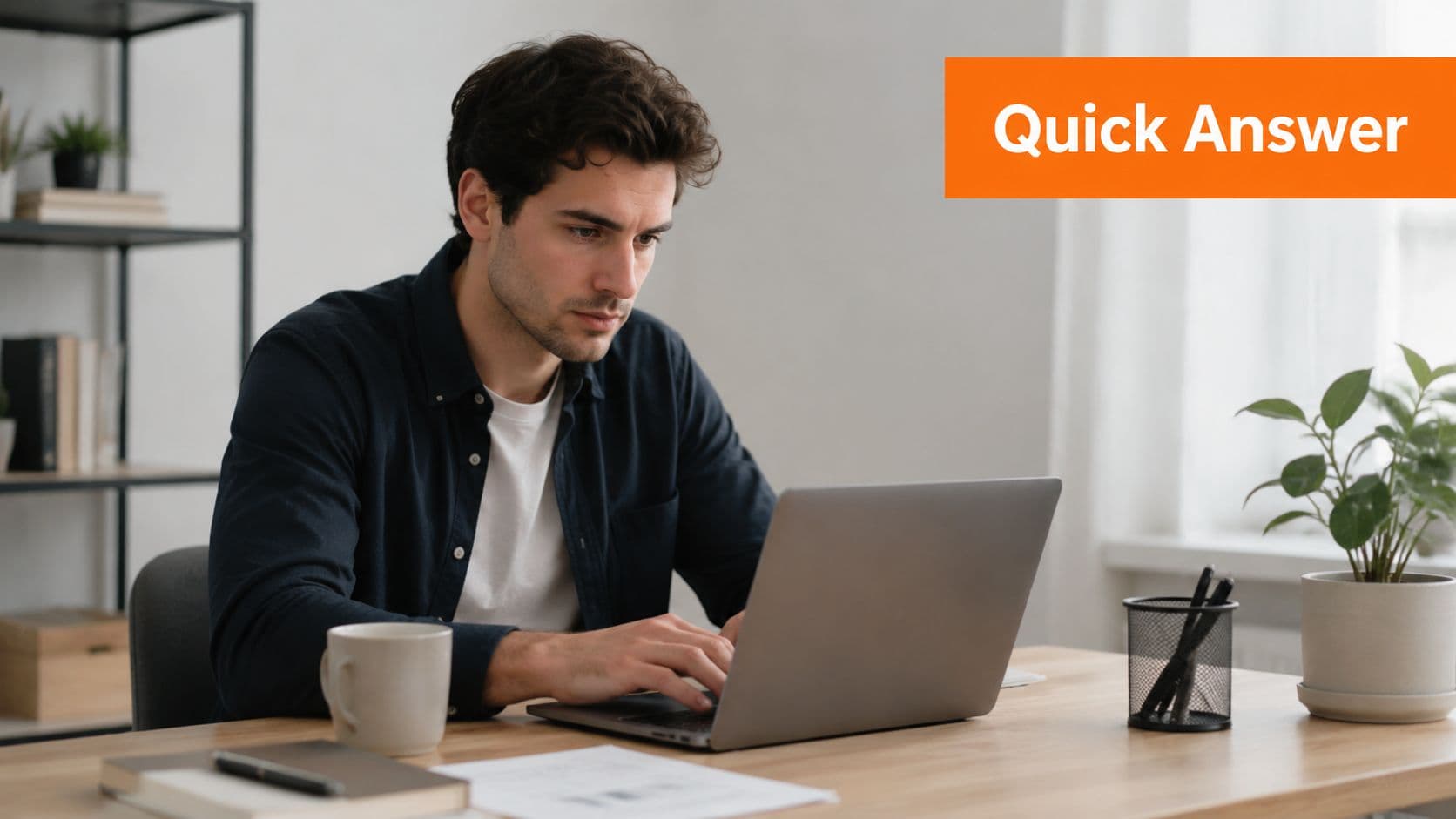 A focused man wearing a casual dark shirt typing on a laptop at a bright desk.